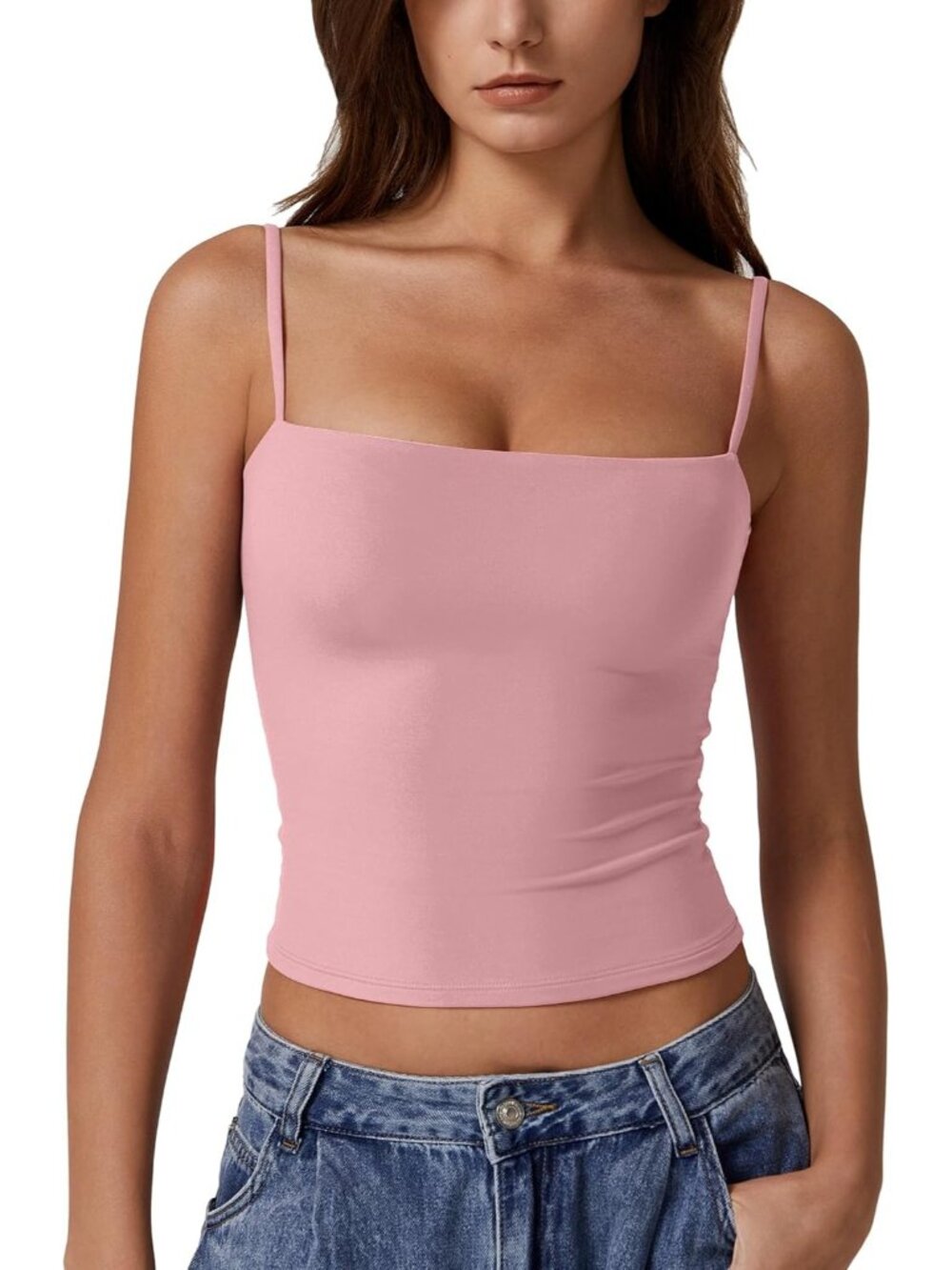 Women's Pink Y2K Double Lined Tank Top Fitted Camisole Spaghetti Strap Cami